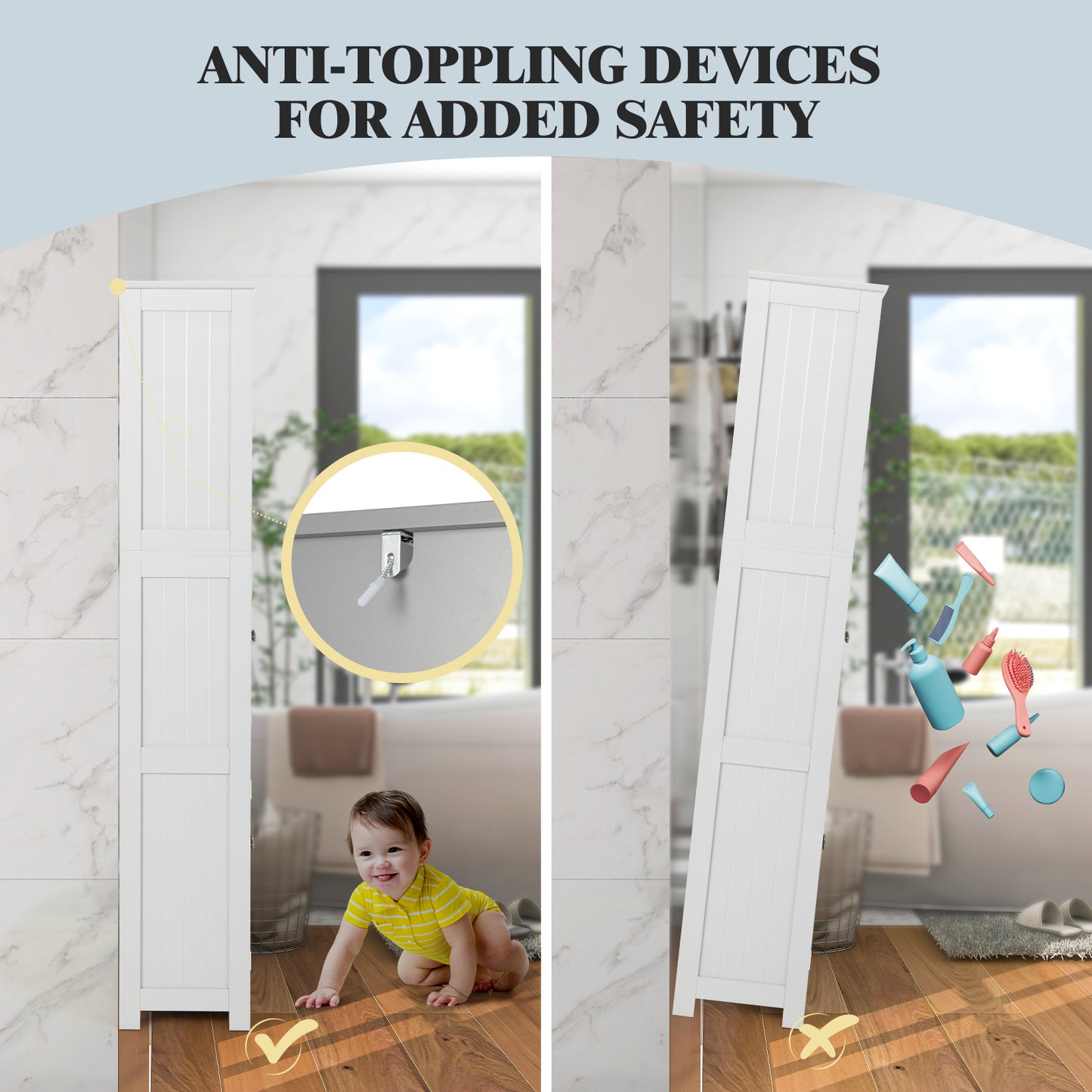 163cm Freestanding Bathroom Cabinet with 2 Compartments and Adjustable Shelves-White