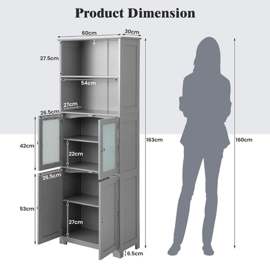 163 cm tall bathroom storage cabinet offers six tiers of open and enclosed space for organizing household essentials