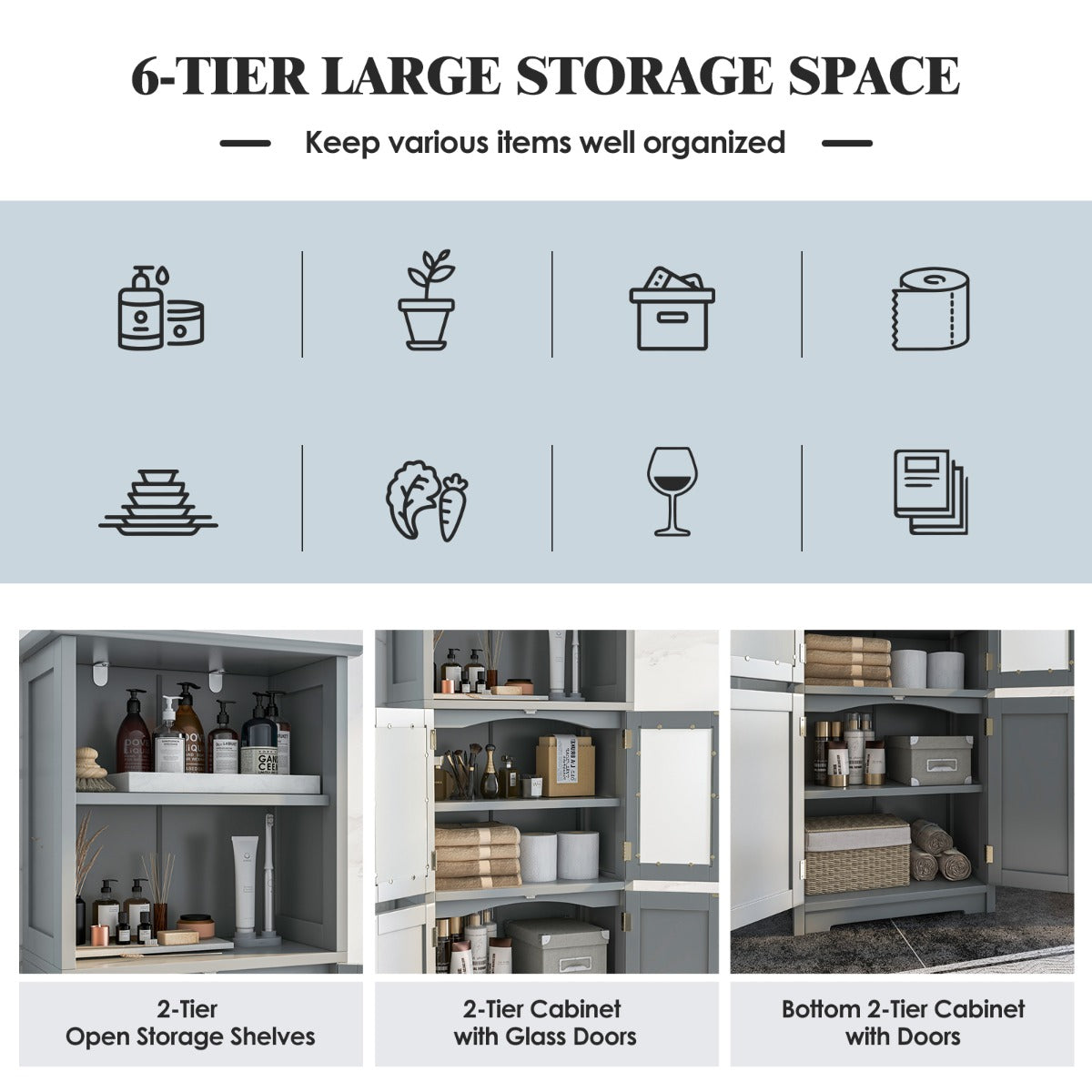 Anti-toppling devices help secure this freestanding storage cabinet to the wall for improved household safety