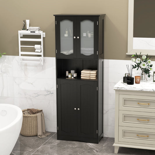 164cm Tall Bathroom Storage Cabinet with Frost Glass Doors and Shelves-Black