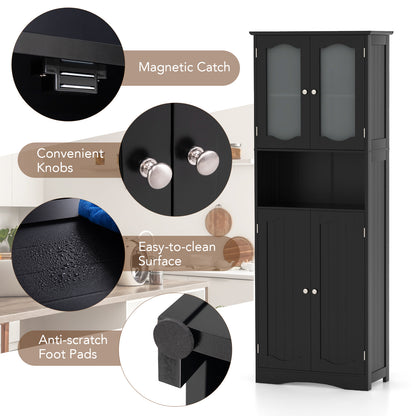 164cm Tall Bathroom Storage Cabinet with Frost Glass Doors and Shelves-Black