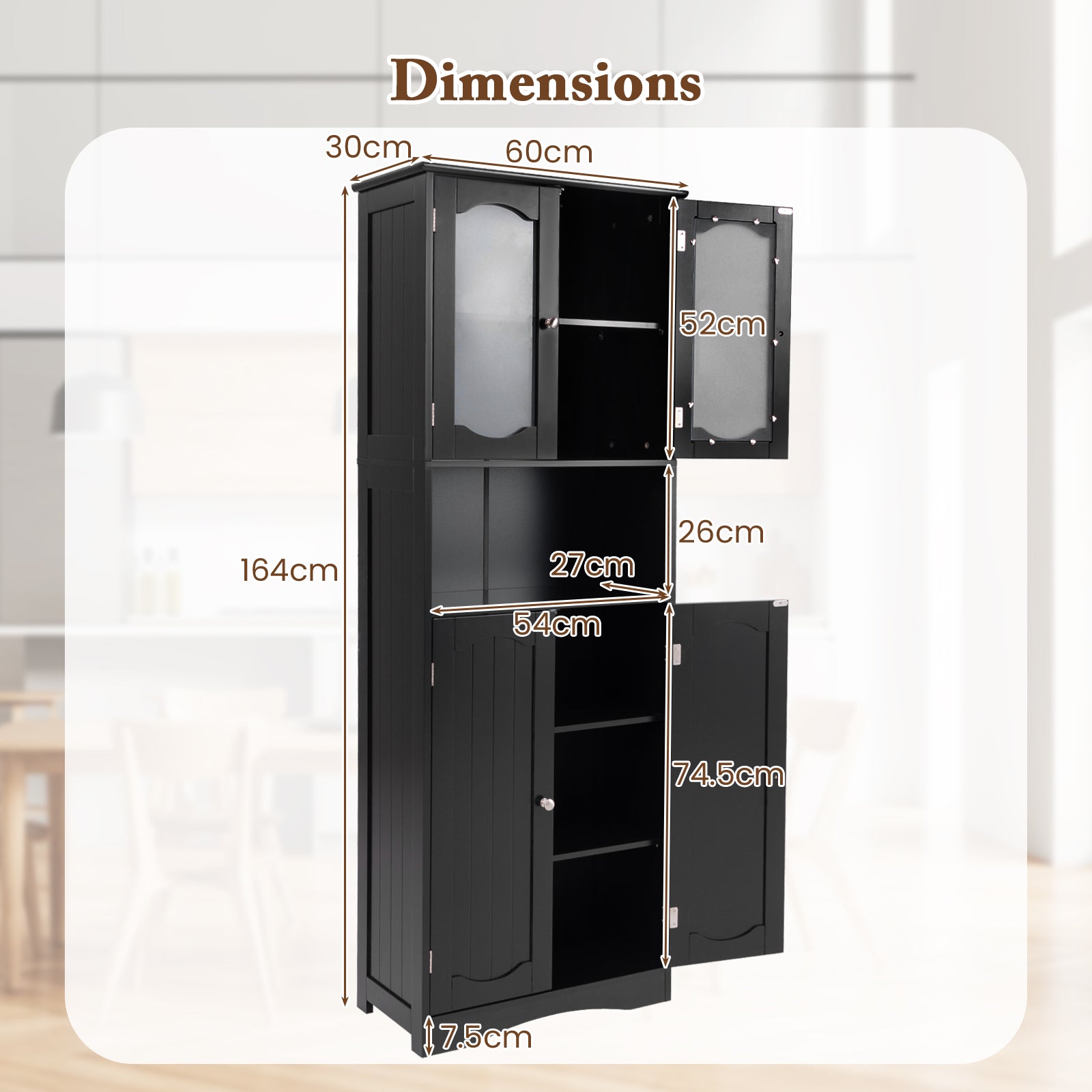 164cm Tall Bathroom Storage Cabinet with Frost Glass Doors and Shelves-Black