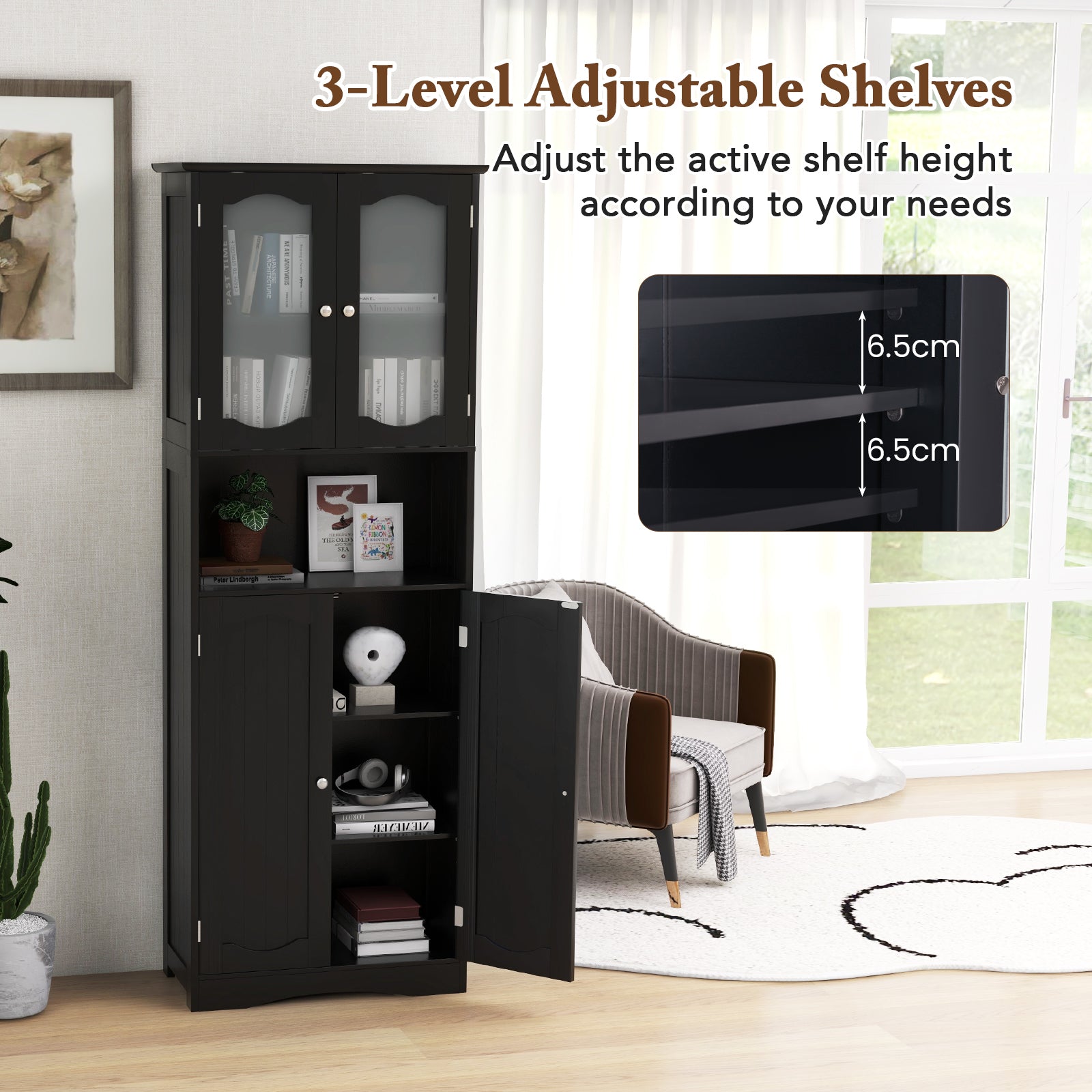164cm Tall Bathroom Storage Cabinet with Frost Glass Doors and Shelves-Black