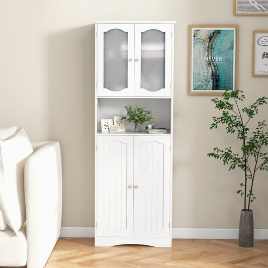 Costway 164cm Tall Bathroom Storage Cabinet with Frost Glass Doors and Shelves-White