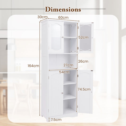 Tall white bathroom storage cabinet with frosted glass doors offers stylish privacy and organization