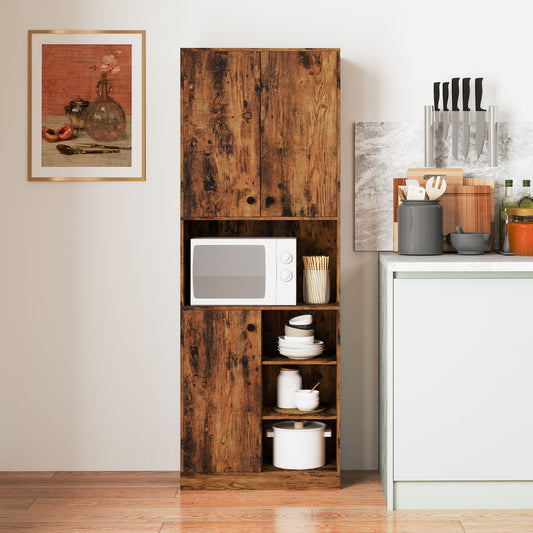 166 cm Tall Kitchen Pantry Storage Cabinet with Microwave Stand-Rustic Brown