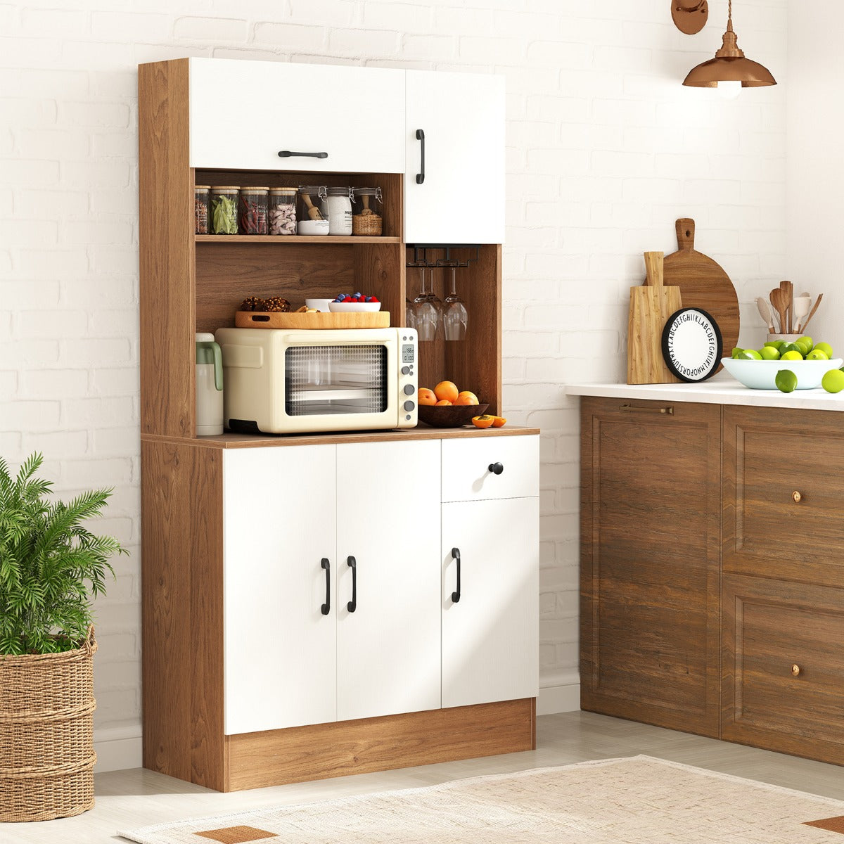 167cm Tall Pantry Cabinet with Hutch and Power Outlets-Natural
