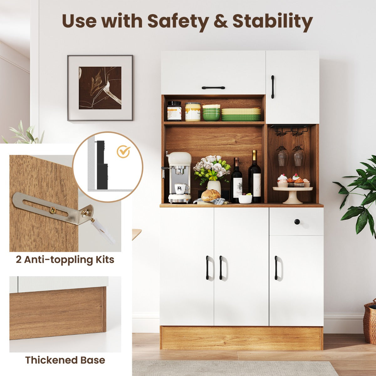 167cm Tall Pantry Cabinet with Hutch and Power Outlets-Natural