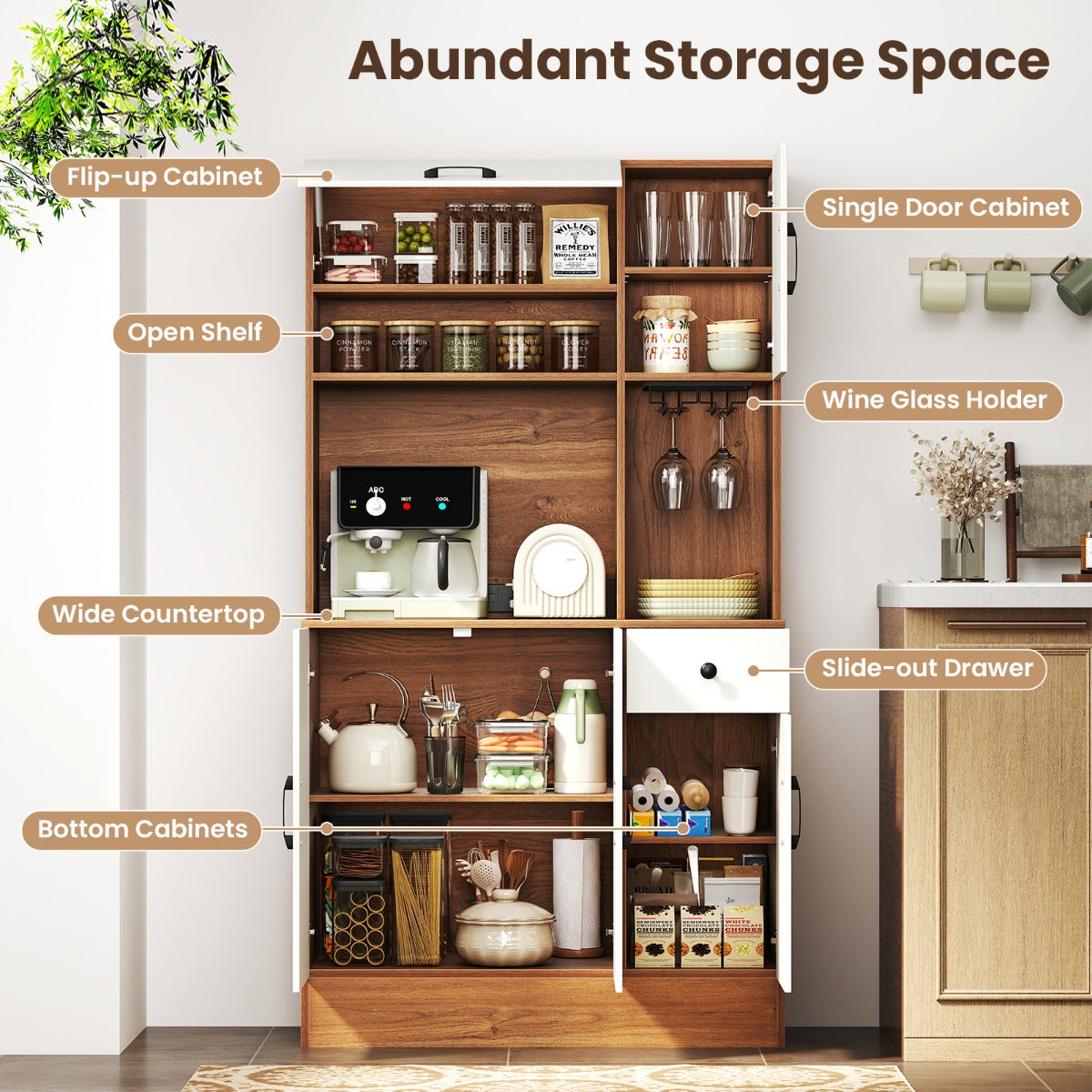 167cm Tall Pantry Cabinet with Hutch and Power Outlets-Natural