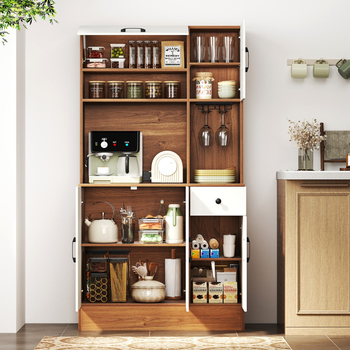 167cm Tall Pantry Cabinet with Hutch and Power Outlets-Natural