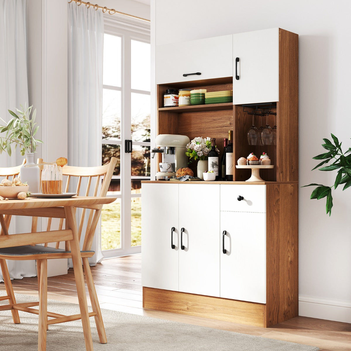 167cm Tall Pantry Cabinet with Hutch and Power Outlets-Natural