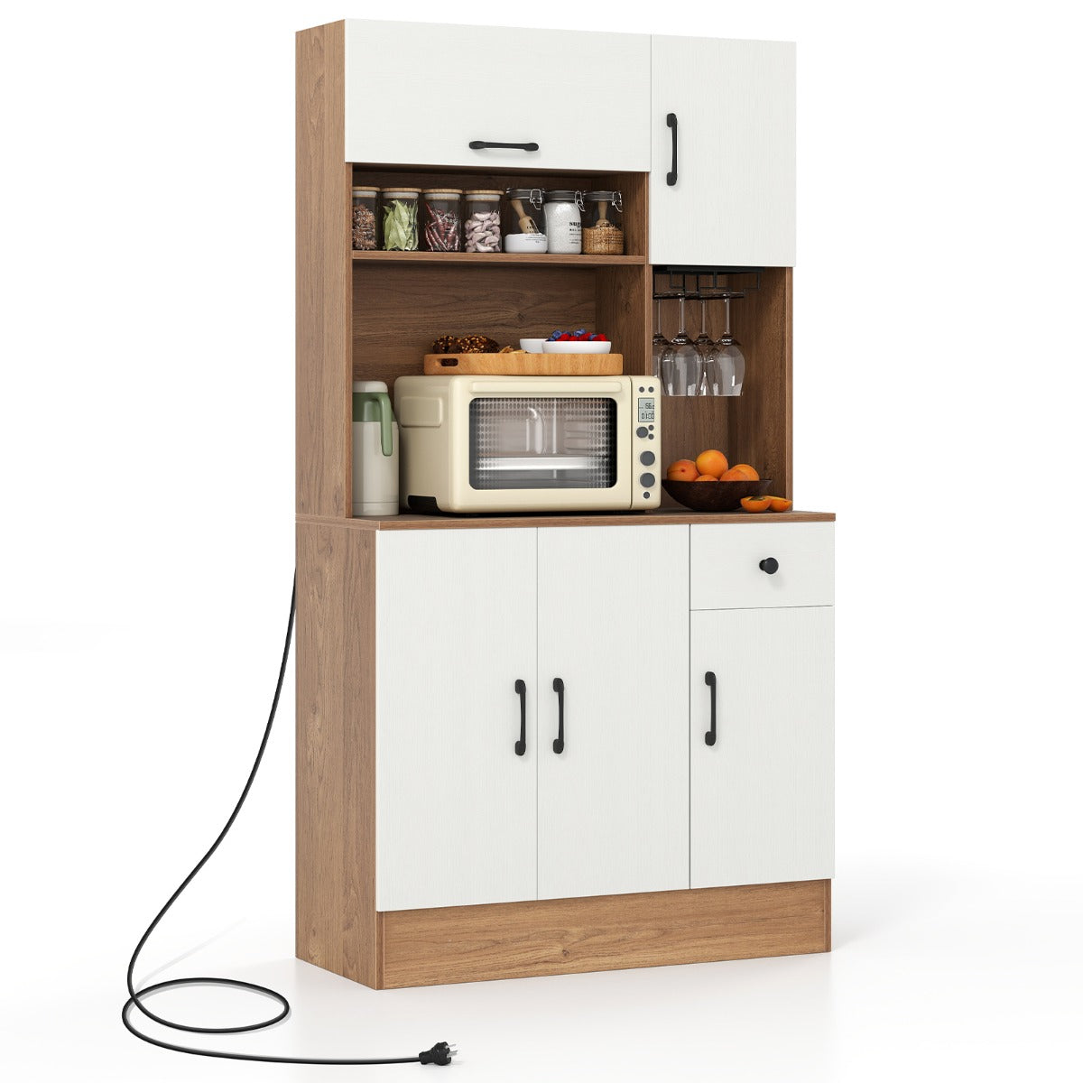167cm Tall Pantry Cabinet with Hutch and Power Outlets-Natural