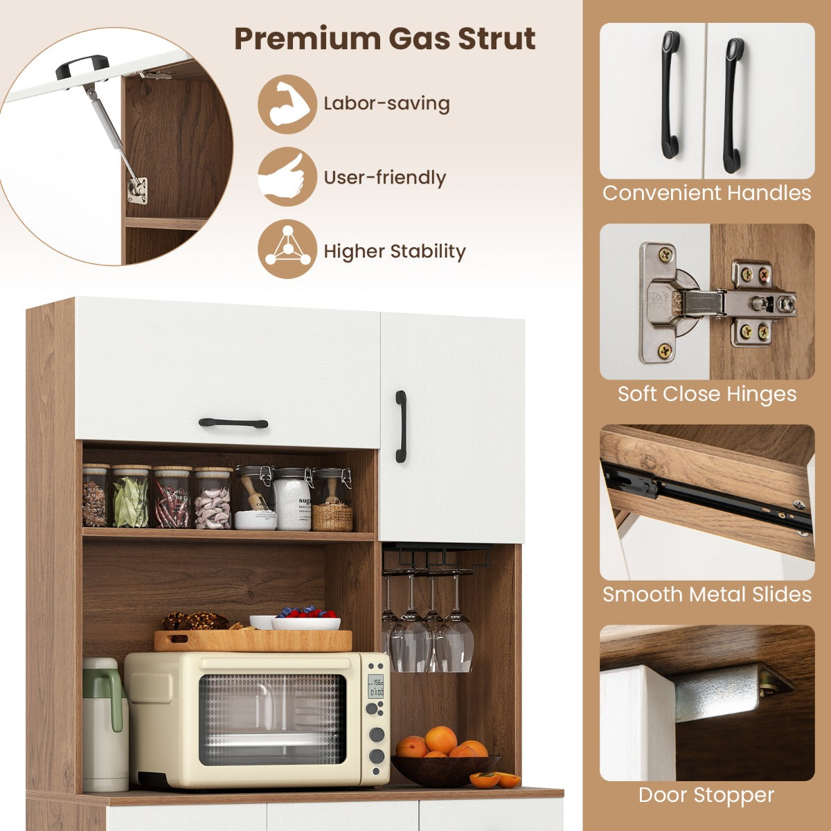 167cm Tall Pantry Cabinet with Hutch and Power Outlets-Natural