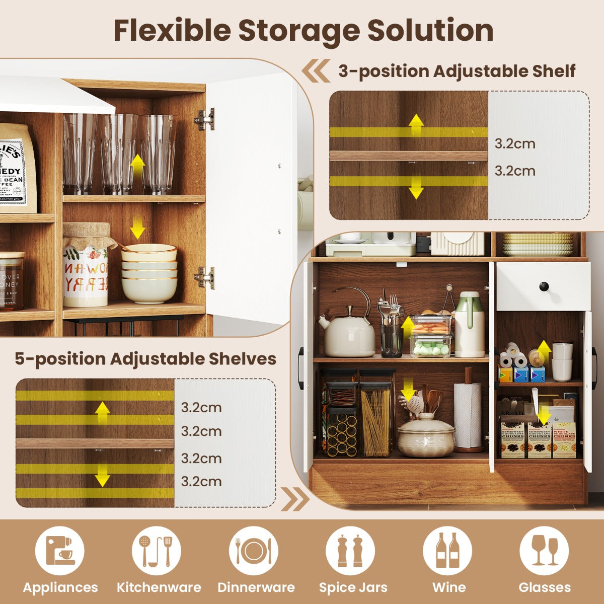 167cm Tall Pantry Cabinet with Hutch and Power Outlets-Natural