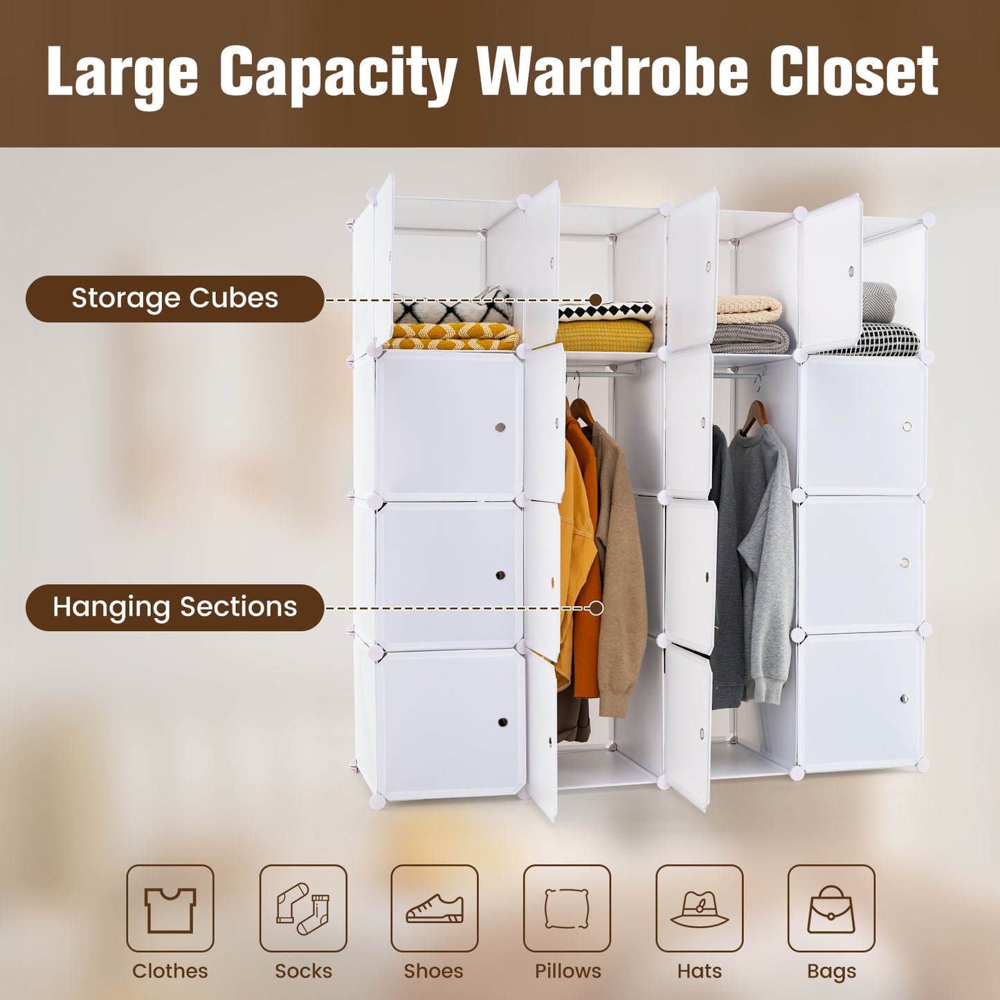 16-Cube Storage Organizer Portable Wardrobe Closet Modular Cabinet-White