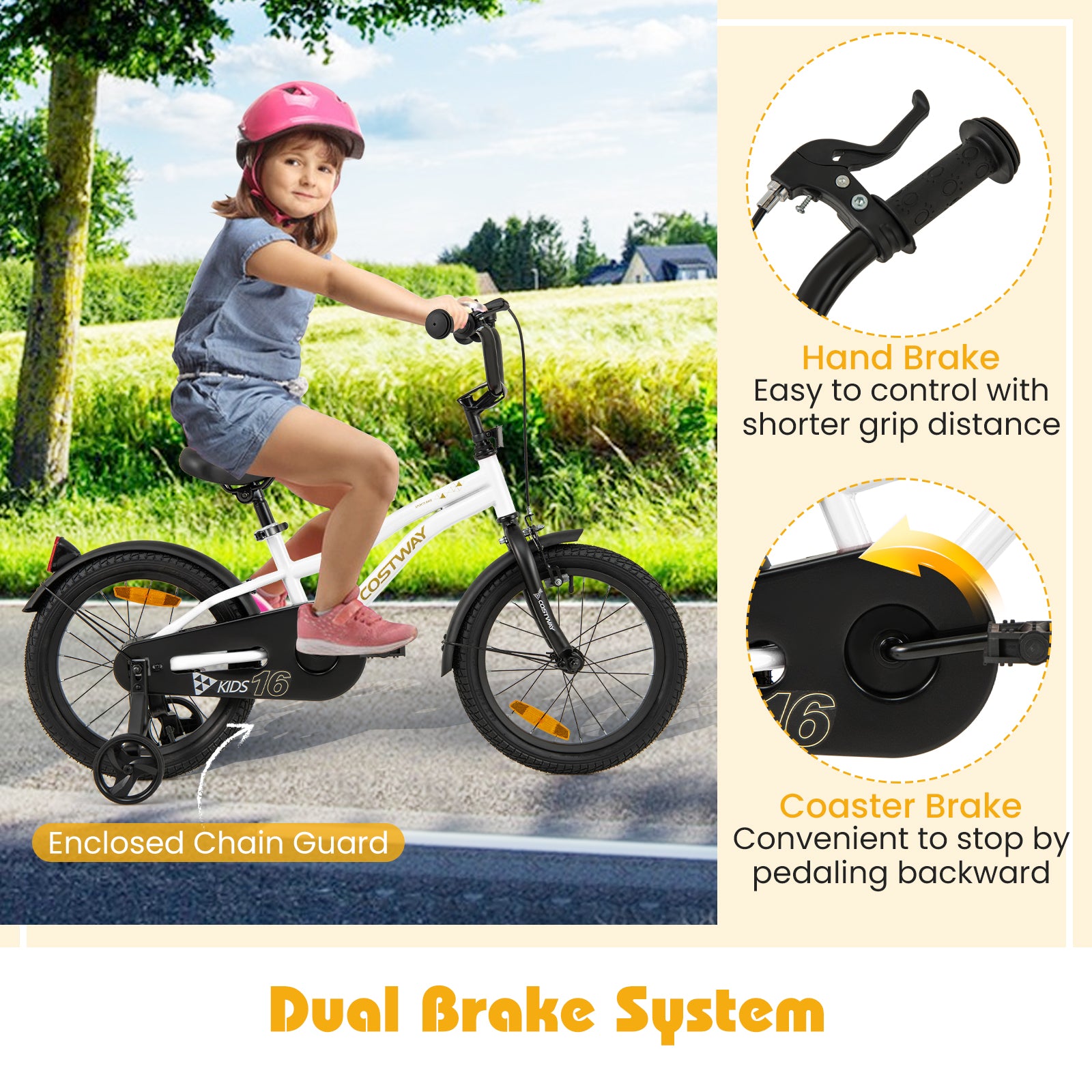 16 Inch Kids Bike Adjustable with Removable Training Wheels for Aged 4-7-White