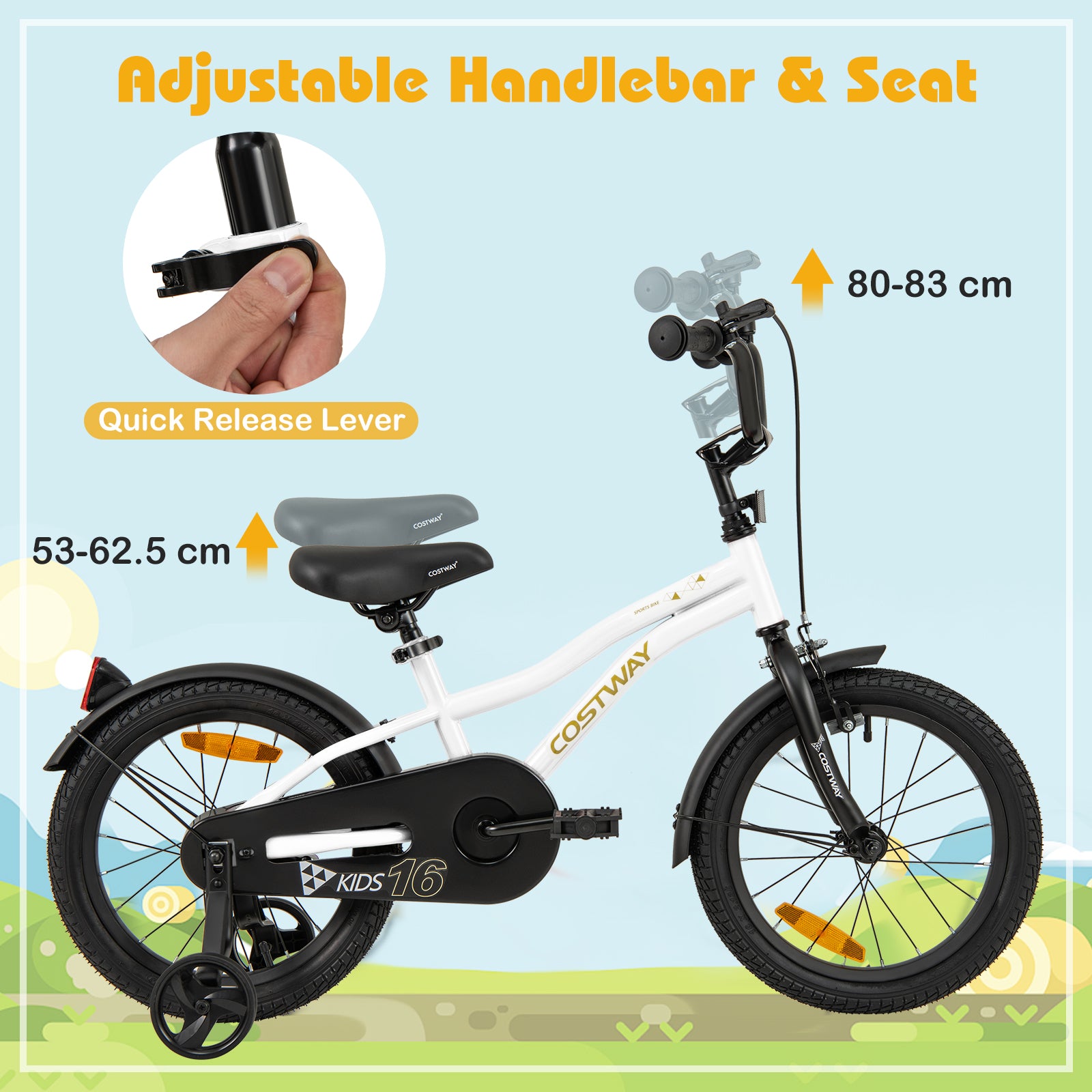 16 Inch Kids Bike Adjustable with Removable Training Wheels for Aged 4-7-White
