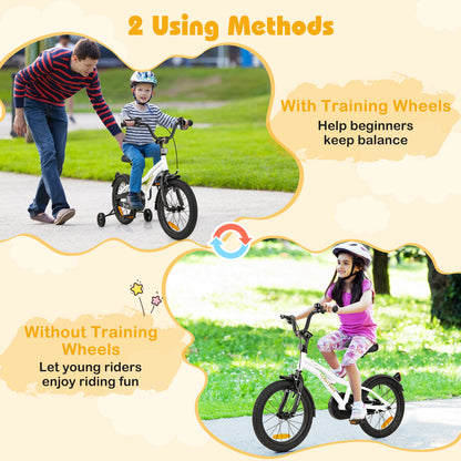 16 Inch Kids Bike Adjustable with Removable Training Wheels for Aged 4-7-White