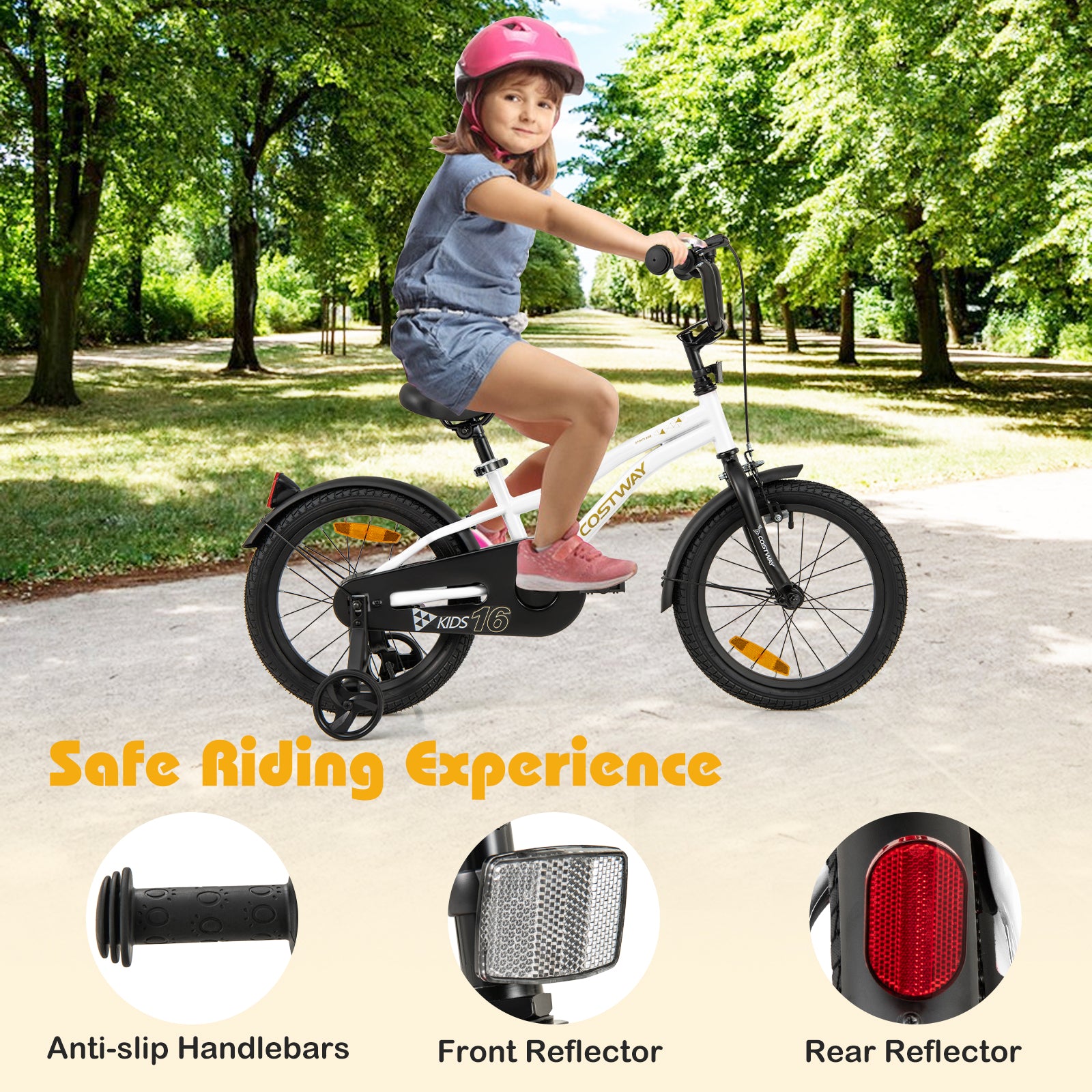 16 Inch Kids Bike Adjustable with Removable Training Wheels for Aged 4-7-White