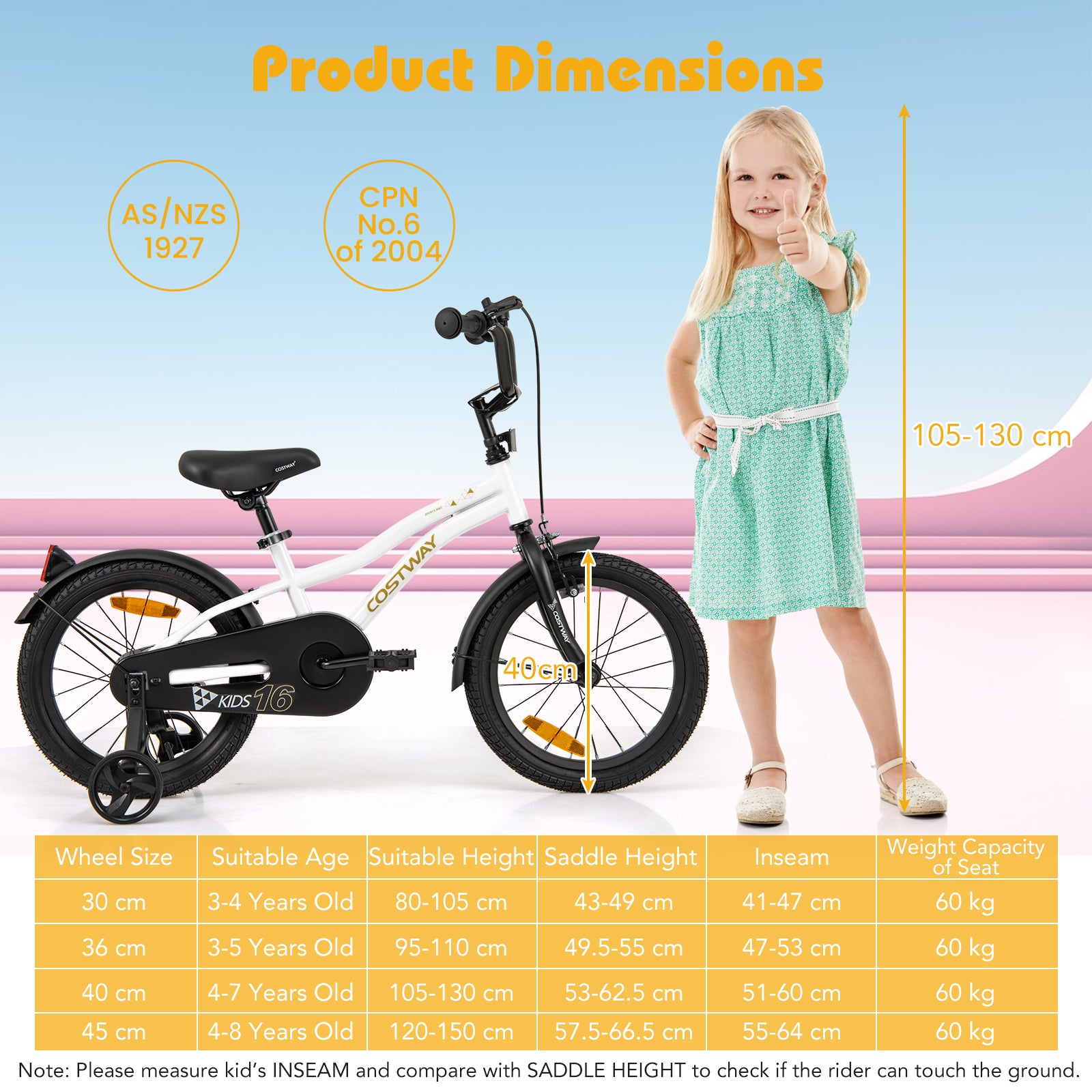 16 Inch Kids Bike Adjustable with Removable Training Wheels for Aged 4-7-White