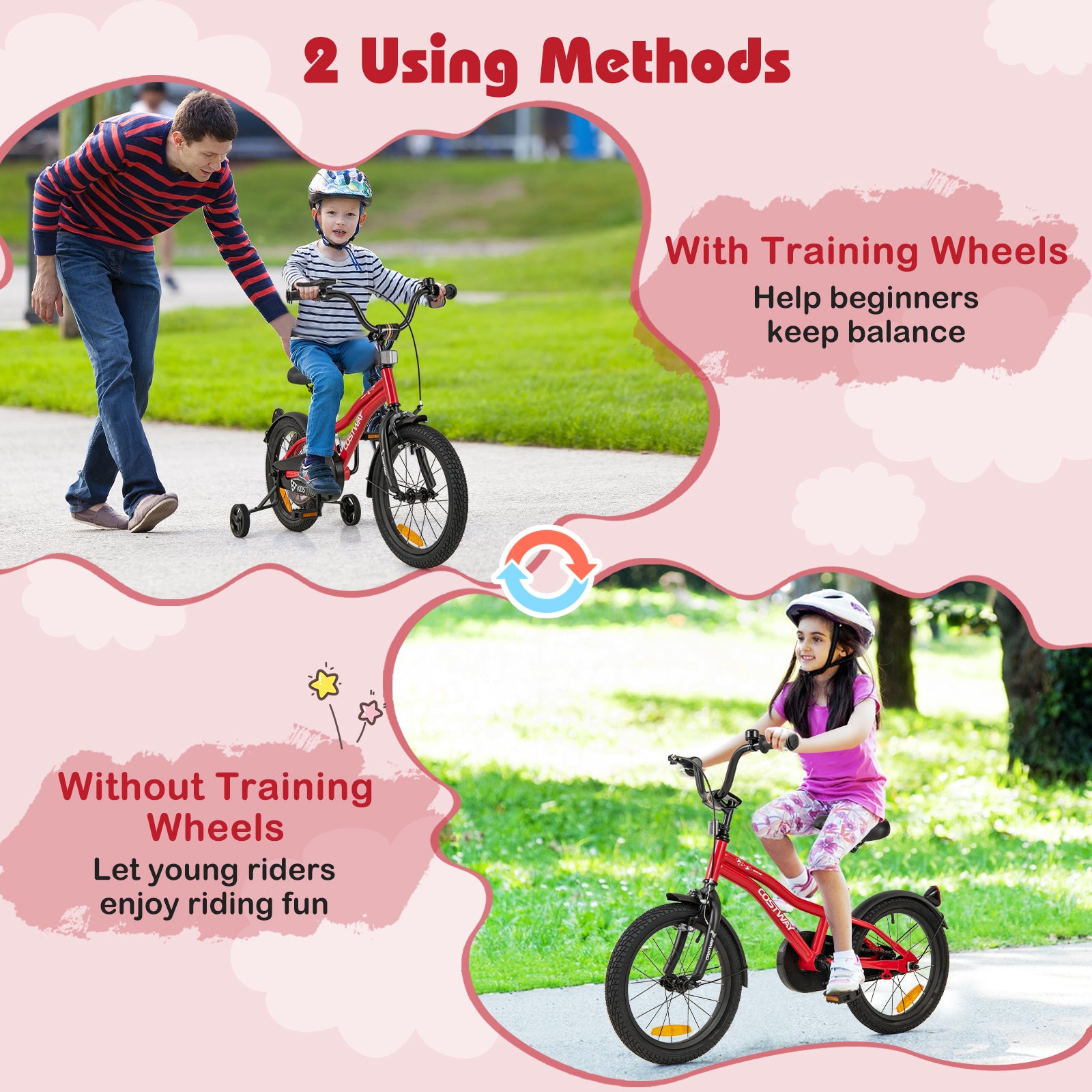 16 Inch Kids Bike Adjustable with Removable Training Wheels for Aged 4-7-Red