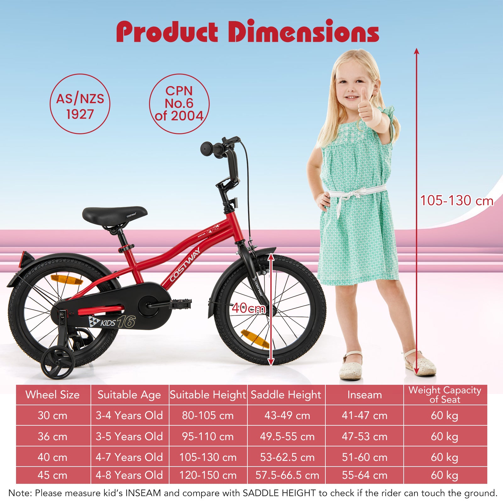 16 Inch Kids Bike Adjustable with Removable Training Wheels for Aged 4-7-Red