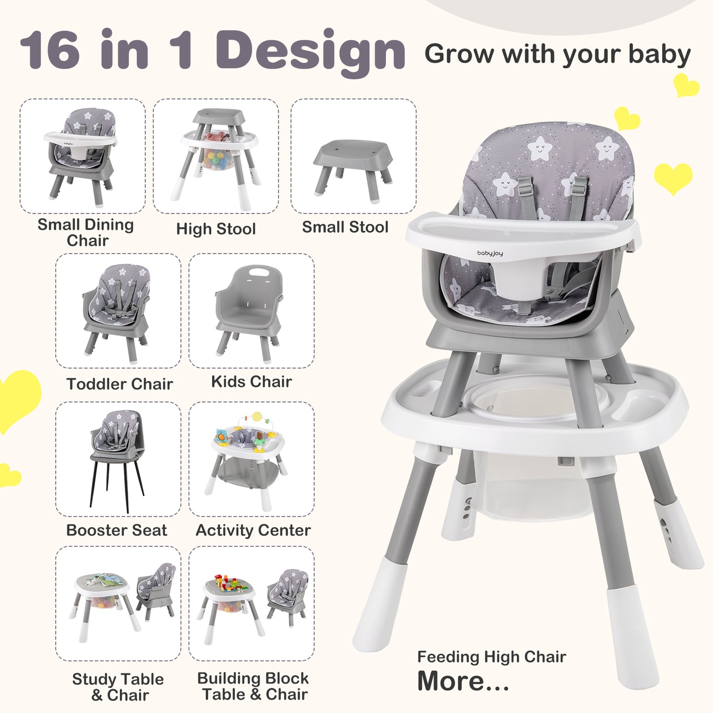 16-in-1 Convertible Baby High Chair for Babies and Toddlers-Grey