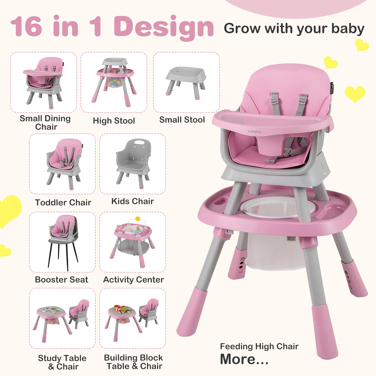 16-in-1 Convertible Baby High Chair for Babies and Toddlers-Pink