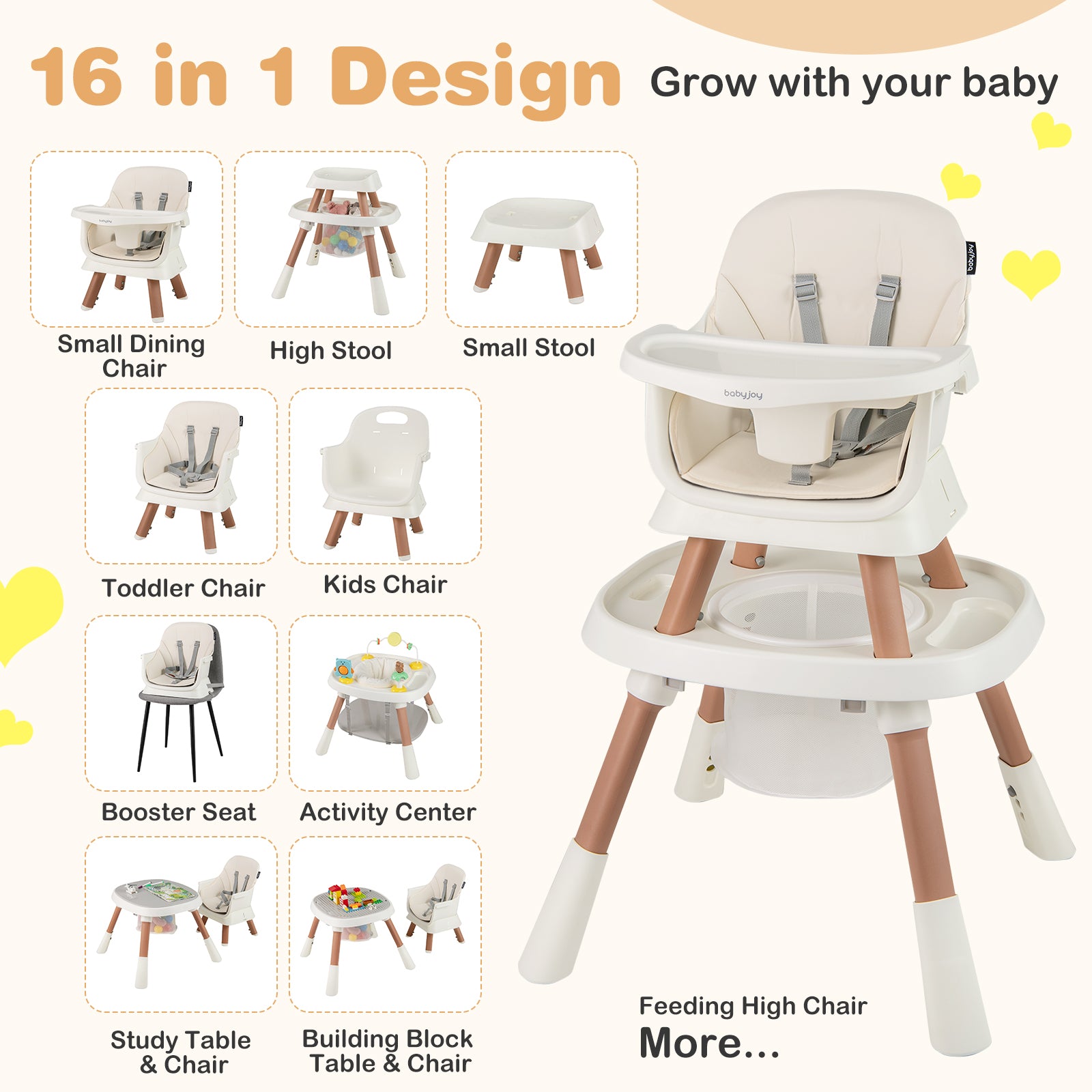 16-in-1 Convertible Baby High Chair for Babies and Toddlers-White