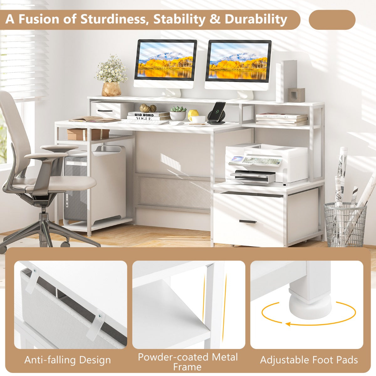 170 CM Computer Desk with Monitor Stand and File Drawer-White