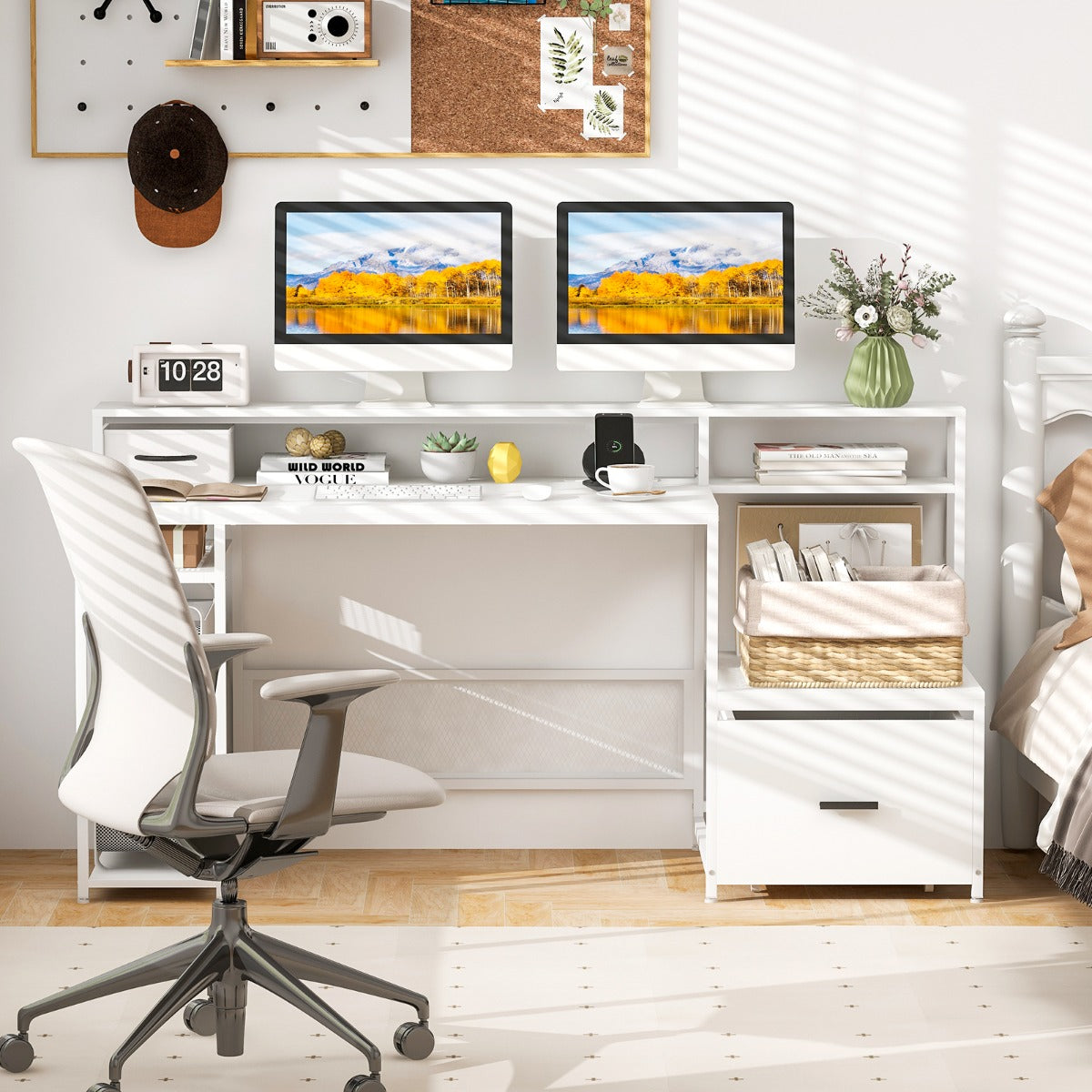 170 CM Computer Desk with Monitor Stand and File Drawer-White
