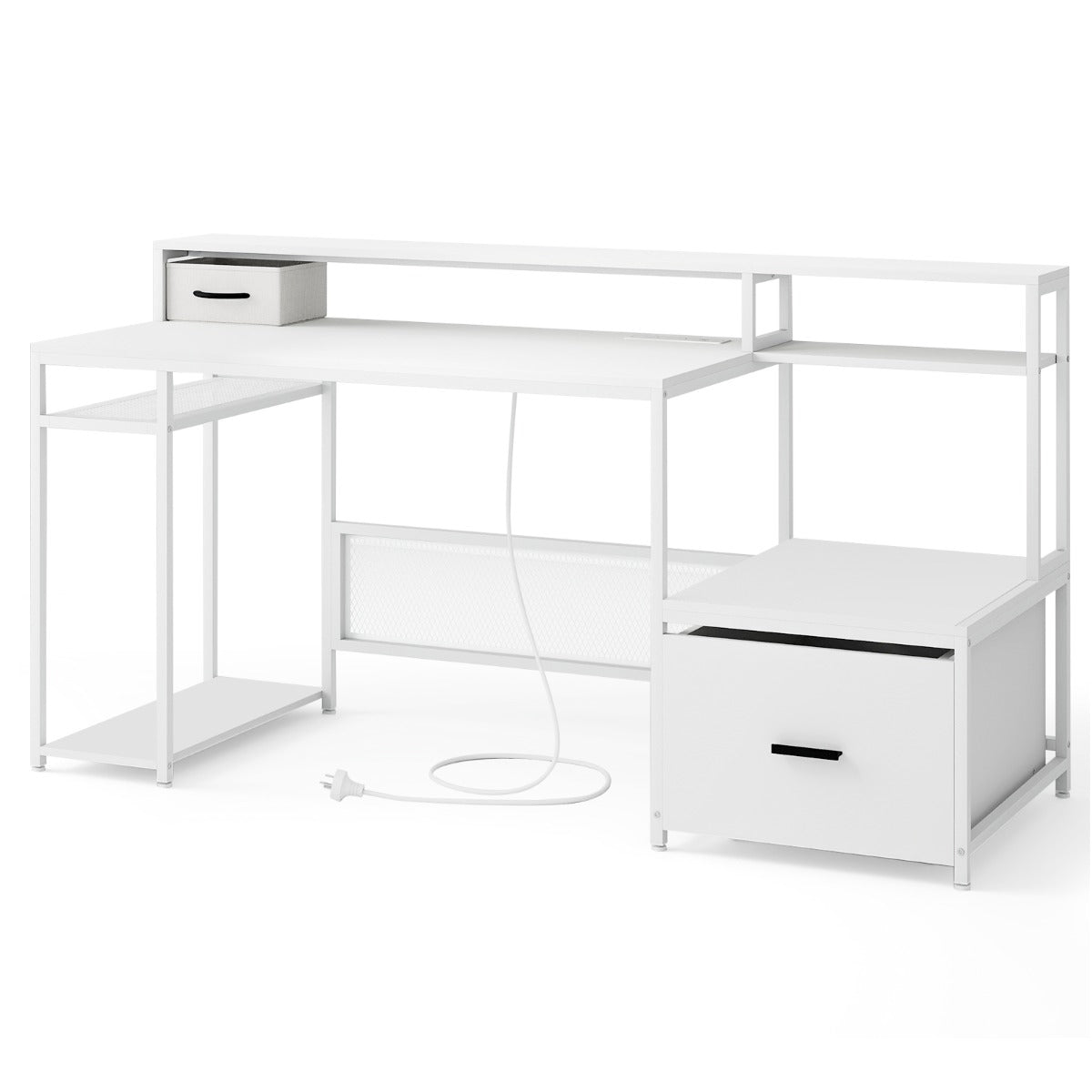 170 CM Computer Desk with Monitor Stand and File Drawer-White