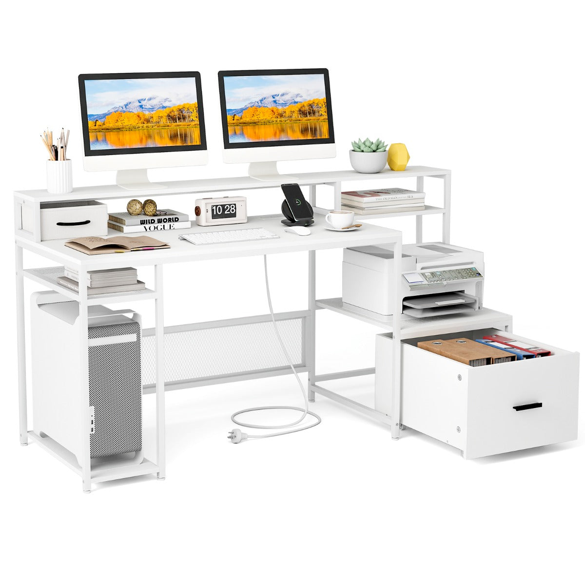 170 CM Computer Desk with Monitor Stand and File Drawer-White