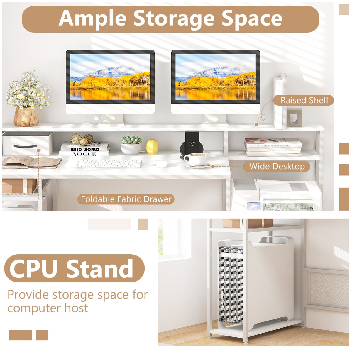 170 CM Computer Desk with Monitor Stand and File Drawer-White