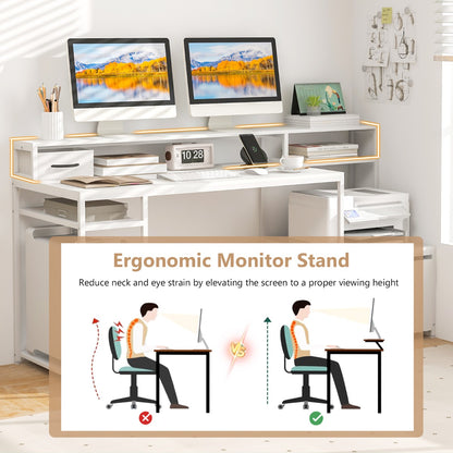 170 CM Computer Desk with Monitor Stand and File Drawer-White