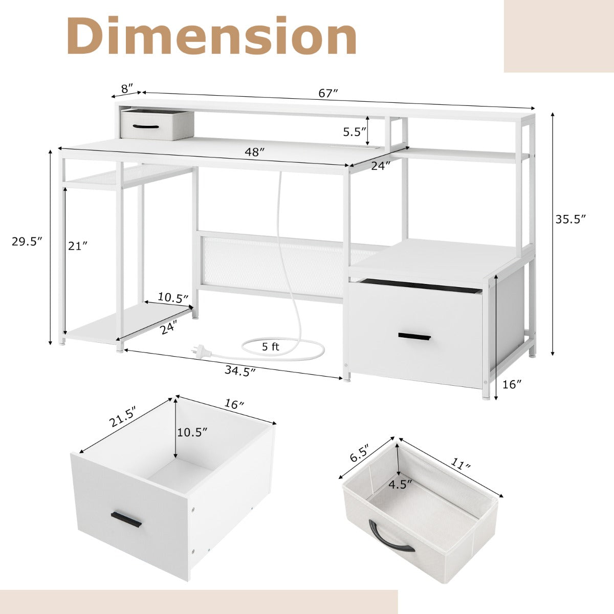 170 CM Computer Desk with Monitor Stand and File Drawer-White