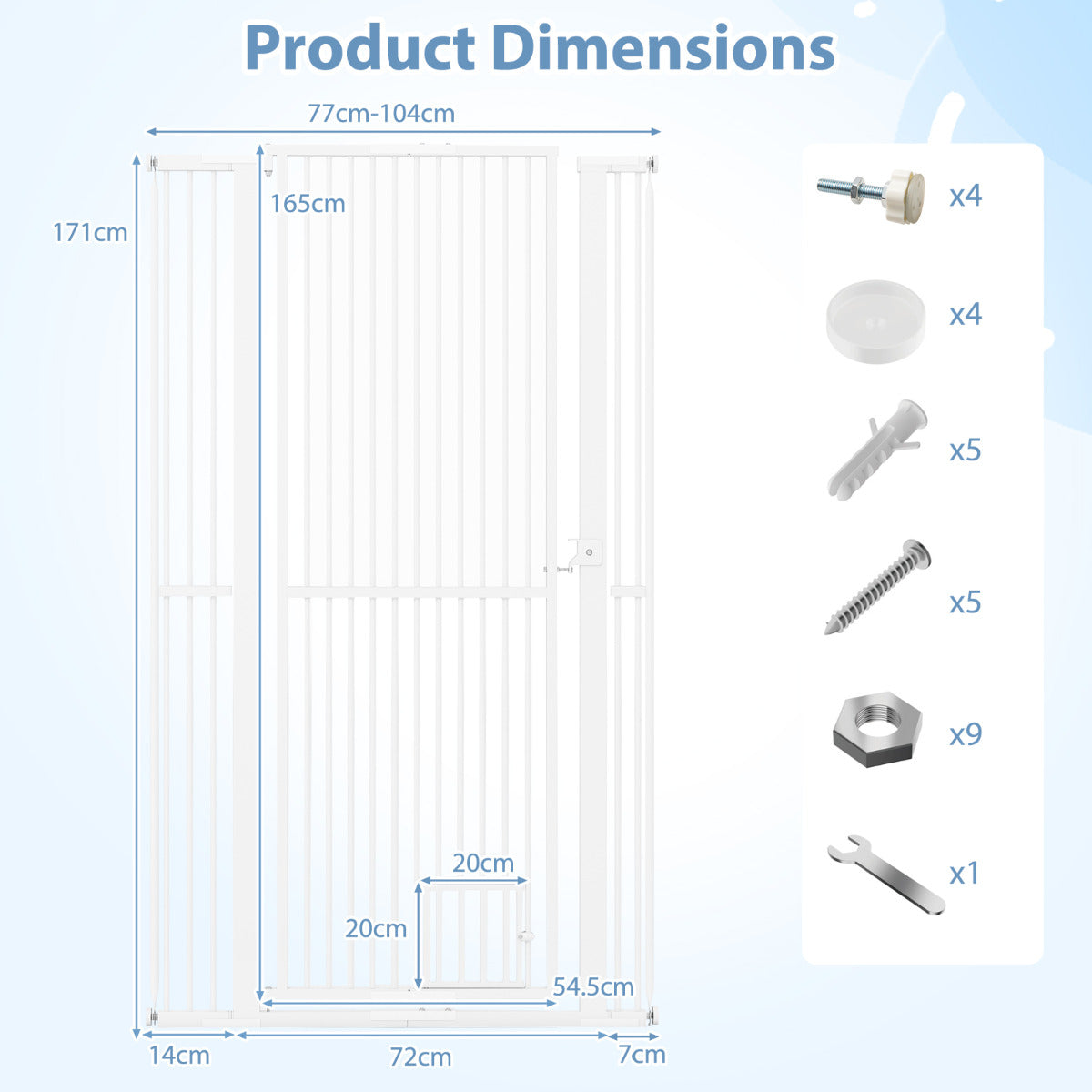 171 cm Extra Tall Pet Gate with 77 cm-104 cm Wide Opening-White