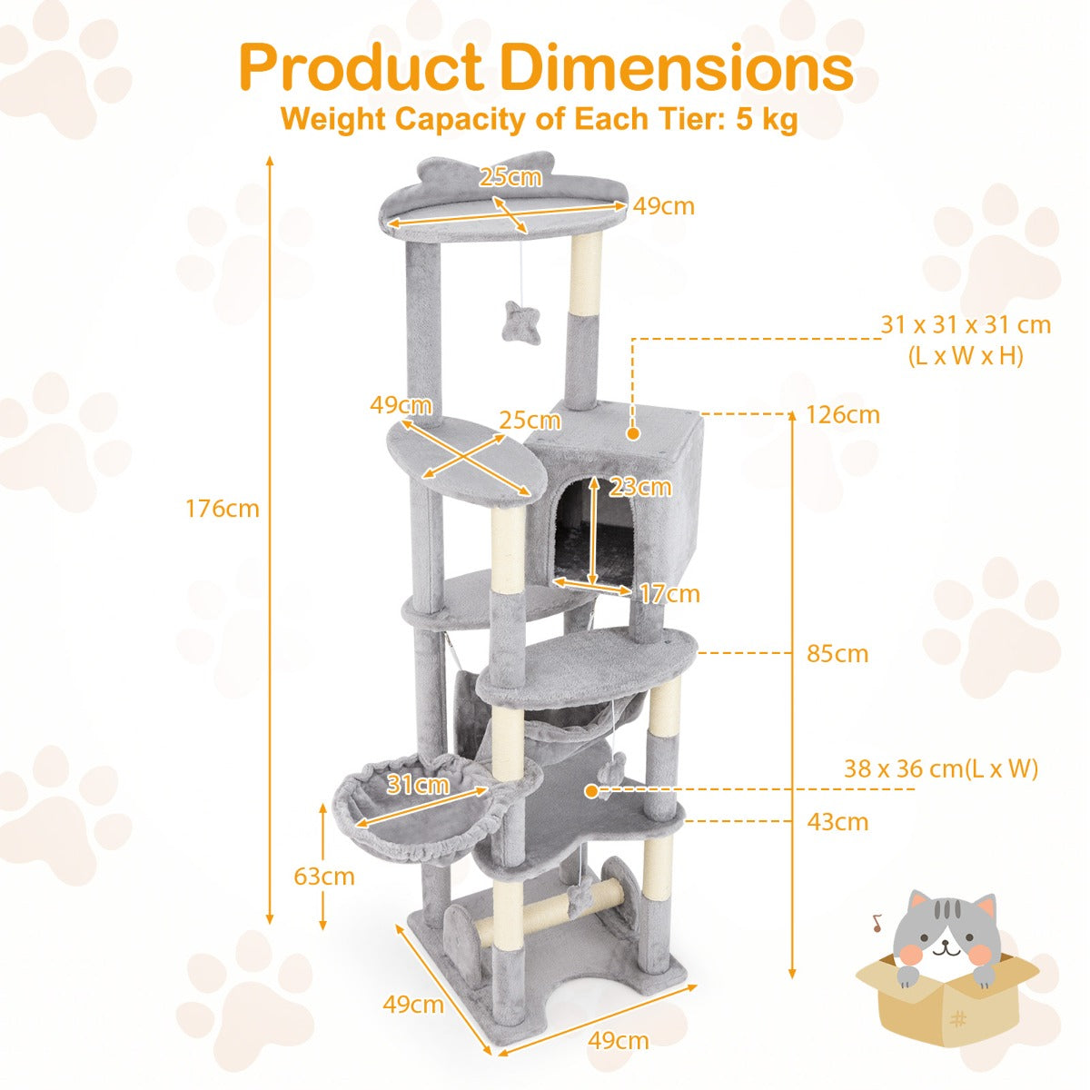 176cm Tall Multi-level Cat Tree Cat Tower with Top Perch