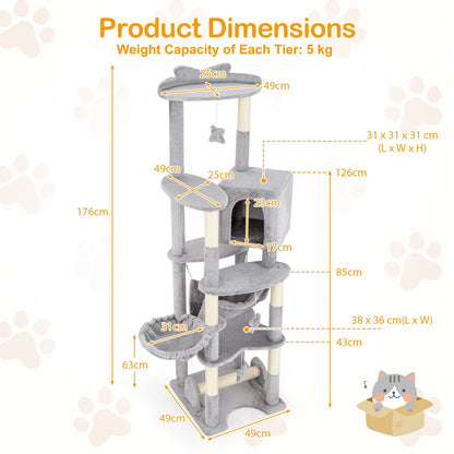 176cm Tall Multi-level Cat Tree Cat Tower with Top Perch