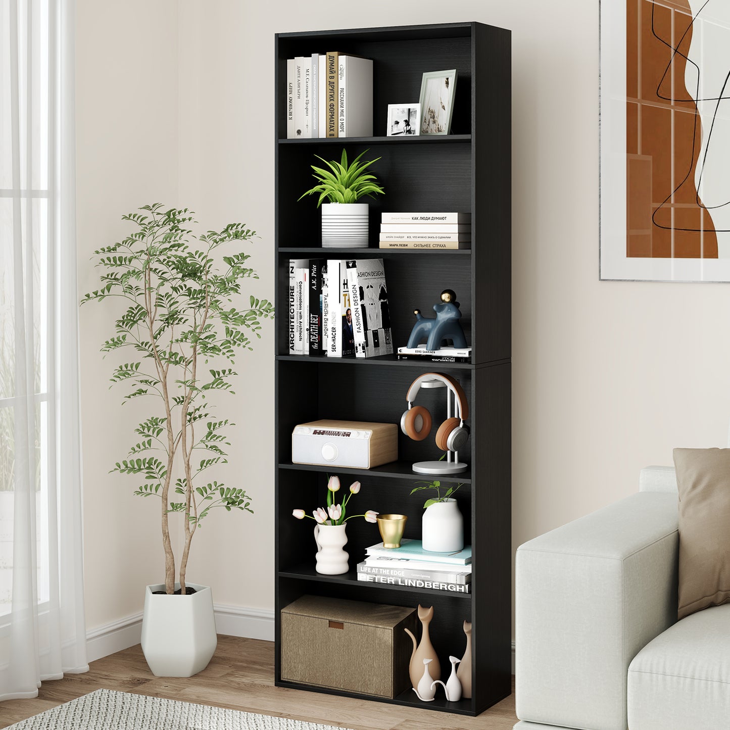 6-Tier Open Bookcase 178 cm Tall Floor Standing Book Storage Organizer-Black