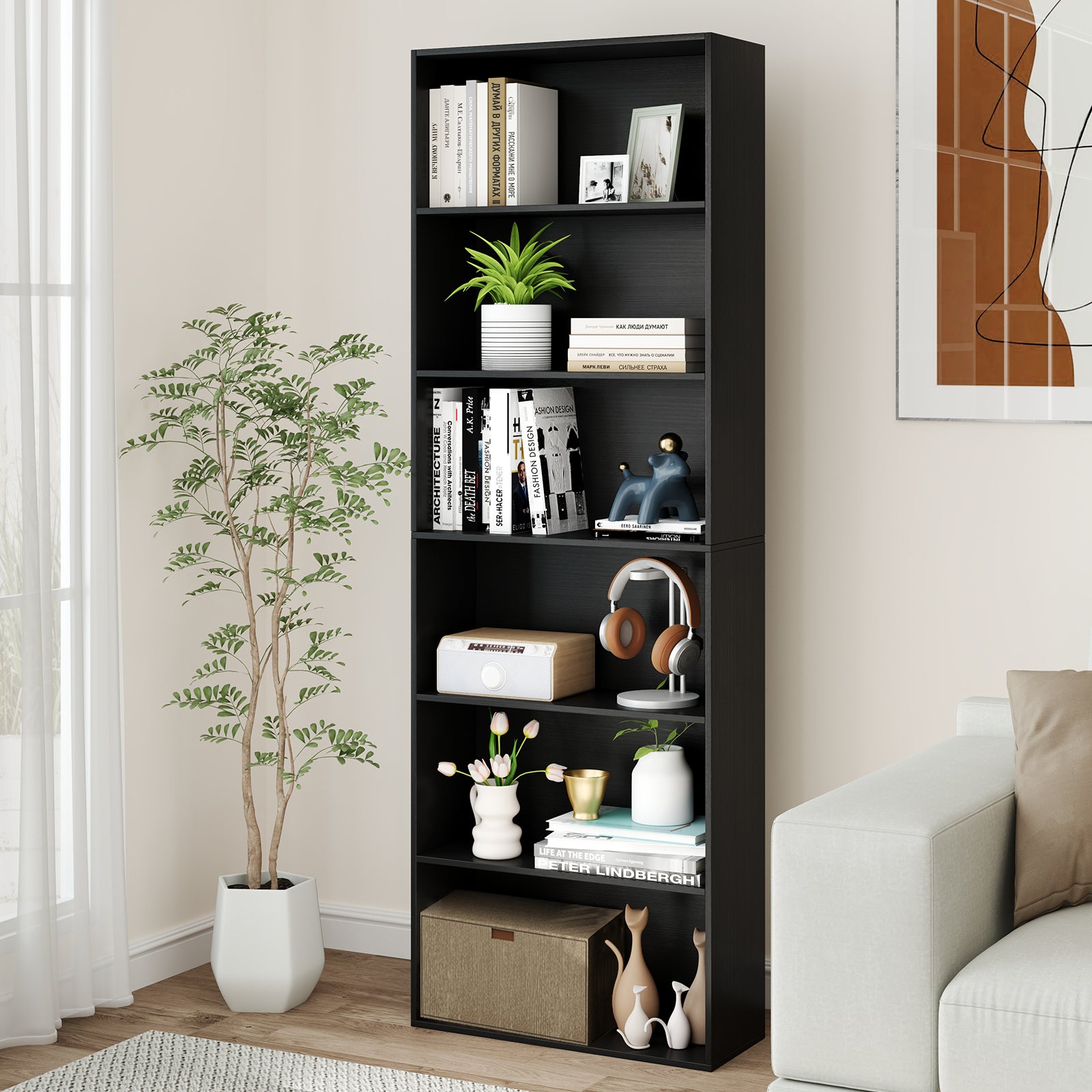 6-Tier Open Bookcase 178 cm Tall Floor Standing Book Storage Organizer-Black
