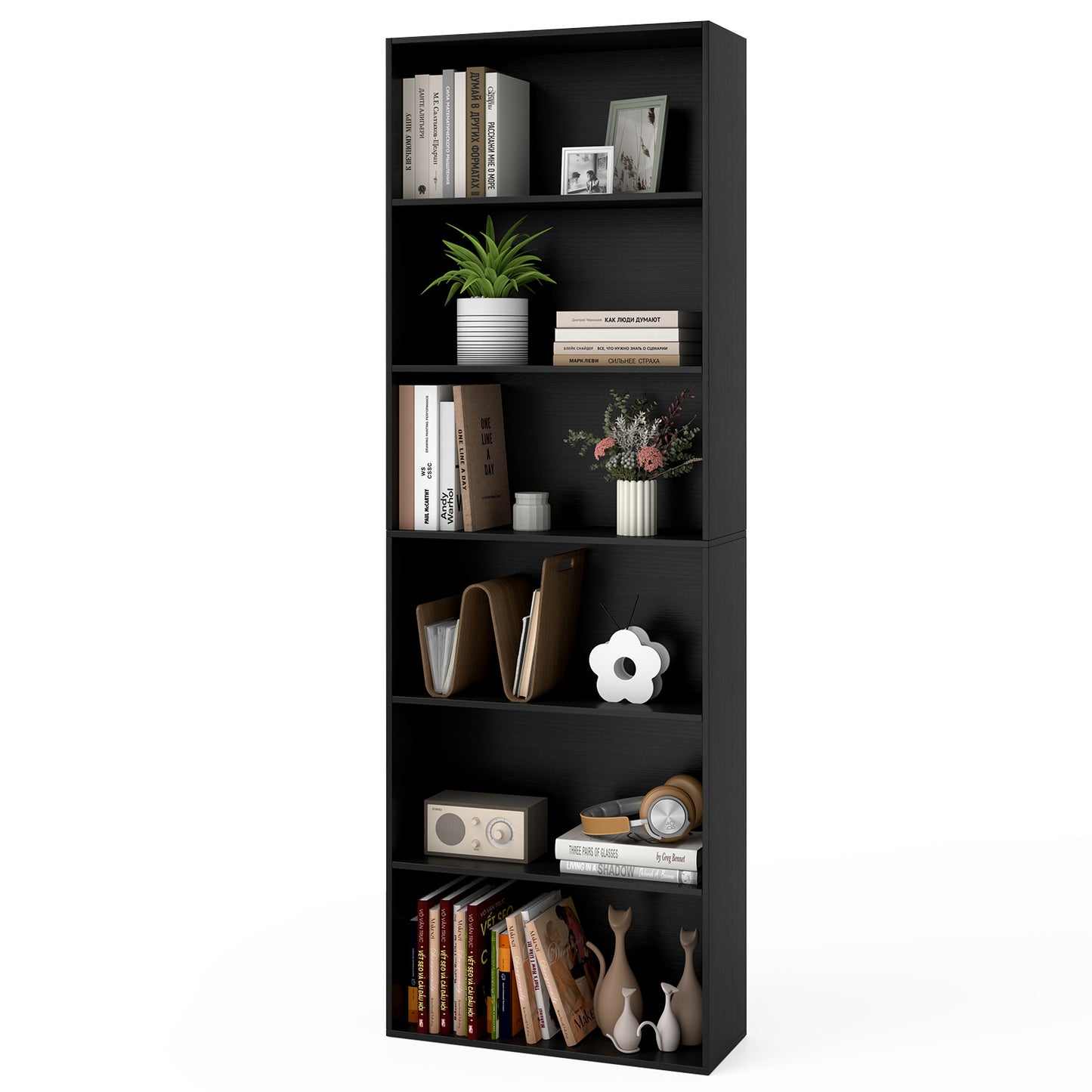 6-Tier Open Bookcase 178 cm Tall Floor Standing Book Storage Organizer-Black