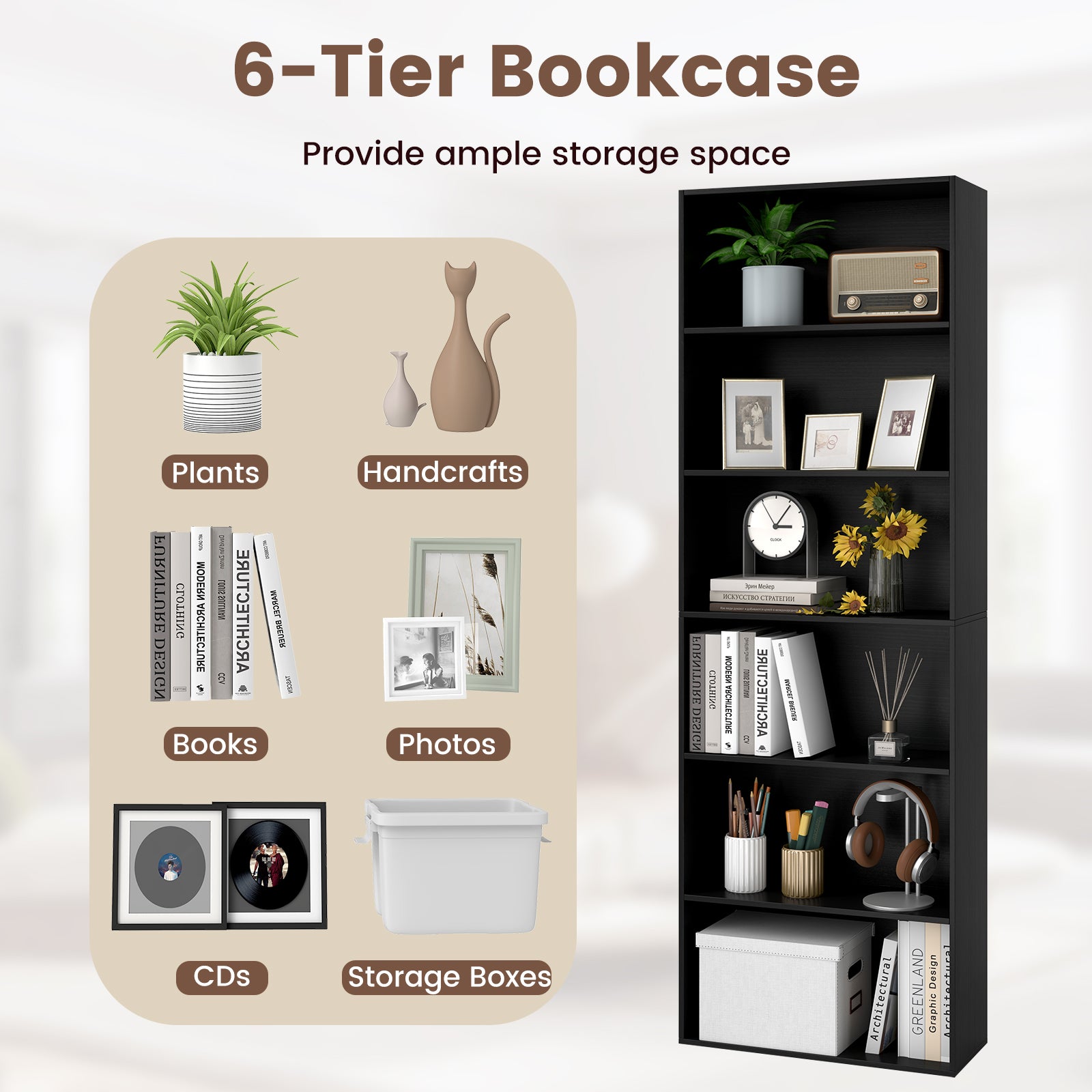 6-Tier Open Bookcase 178 cm Tall Floor Standing Book Storage Organizer-Black