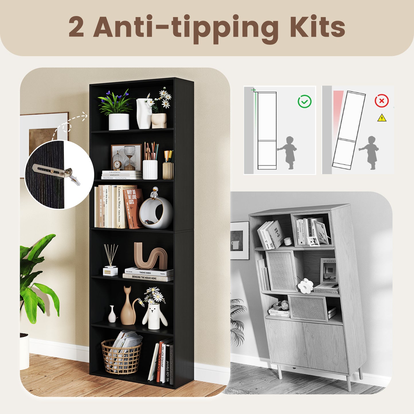6-Tier Open Bookcase 178 cm Tall Floor Standing Book Storage Organizer-Black