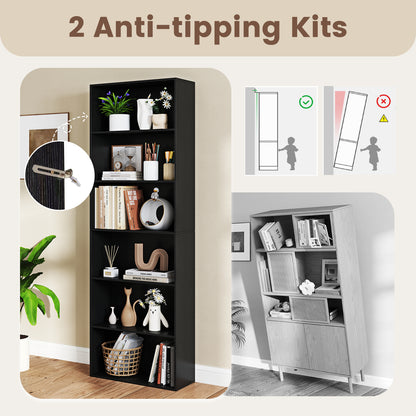 6-Tier Open Bookcase 178 cm Tall Floor Standing Book Storage Organizer-Black