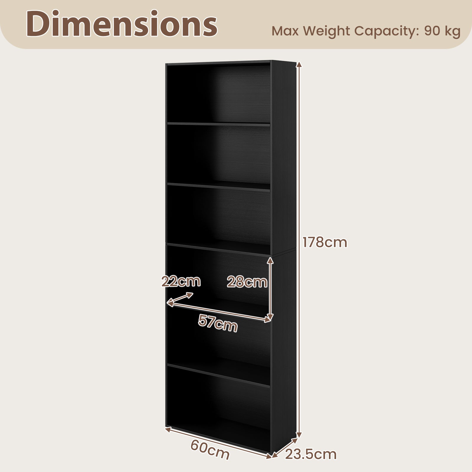 6-Tier Open Bookcase 178 cm Tall Floor Standing Book Storage Organizer-Black