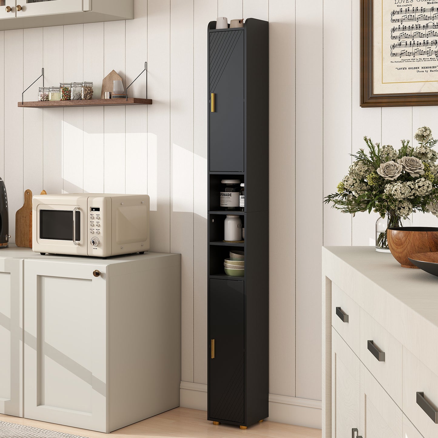 179 cm Tall Bathroom Cabinet with 2 Doors and Adjustable Shelves-Black
