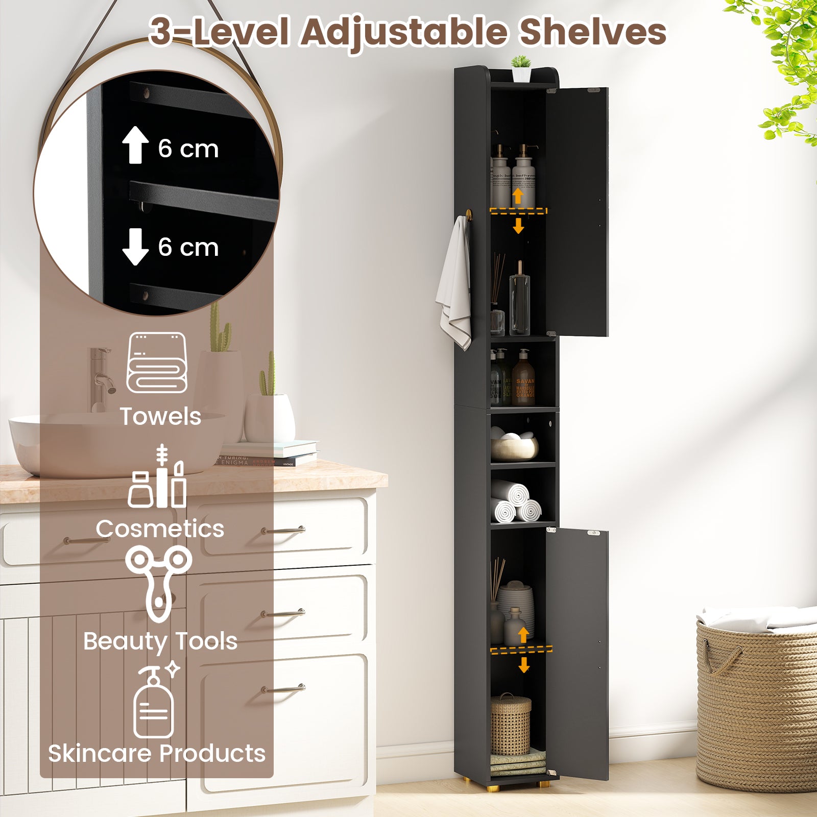 179 cm Tall Bathroom Cabinet with 2 Doors and Adjustable Shelves-Black