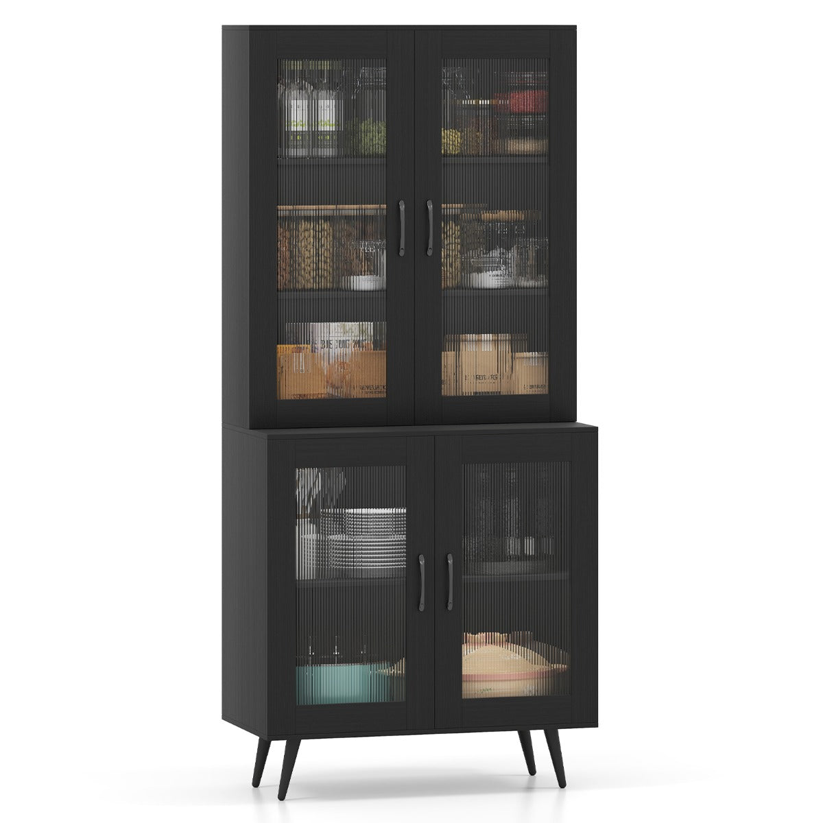 179 cm Kitchen Pantry Cabinet with 4 Transparent Doors and Adjustable Shelf-Black