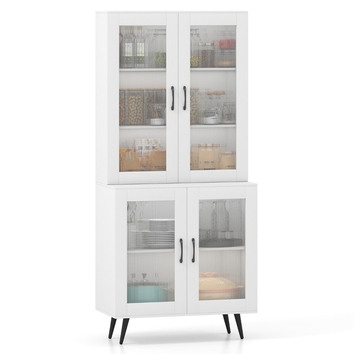179 cm Kitchen Pantry Cabinet with 4 Transparent Doors and Adjustable Shelf-White